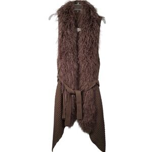 ADORE Womens Large Open Sleeveless Knit Cardigan Lambs Fur Brown Tie Waist Chic‎